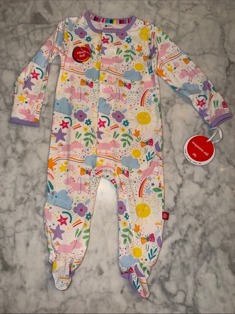 NWT Magnetic Me ModalWhite Footed One-Piece with Pastel Rainbow & Unicorns 3/6M
